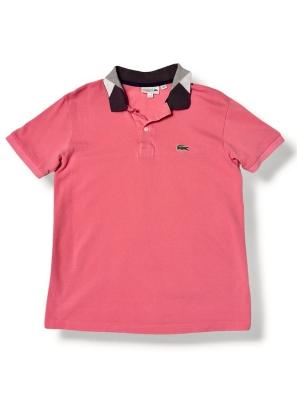 LACOSTE Regular Fit Contrast Neck Cotton Polo Salmon Pink Size Large